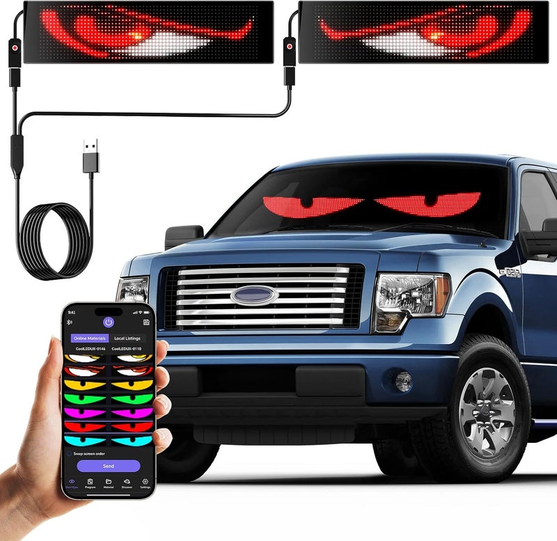 GOTUS Devil Eyes Light for Cars,Flexible Scrolling Programmable LED Signs,LED Eyes for Truck Windshield,Custom Editor Colours,Animations,Text (19"x 5"/2Pcs) - Image 1